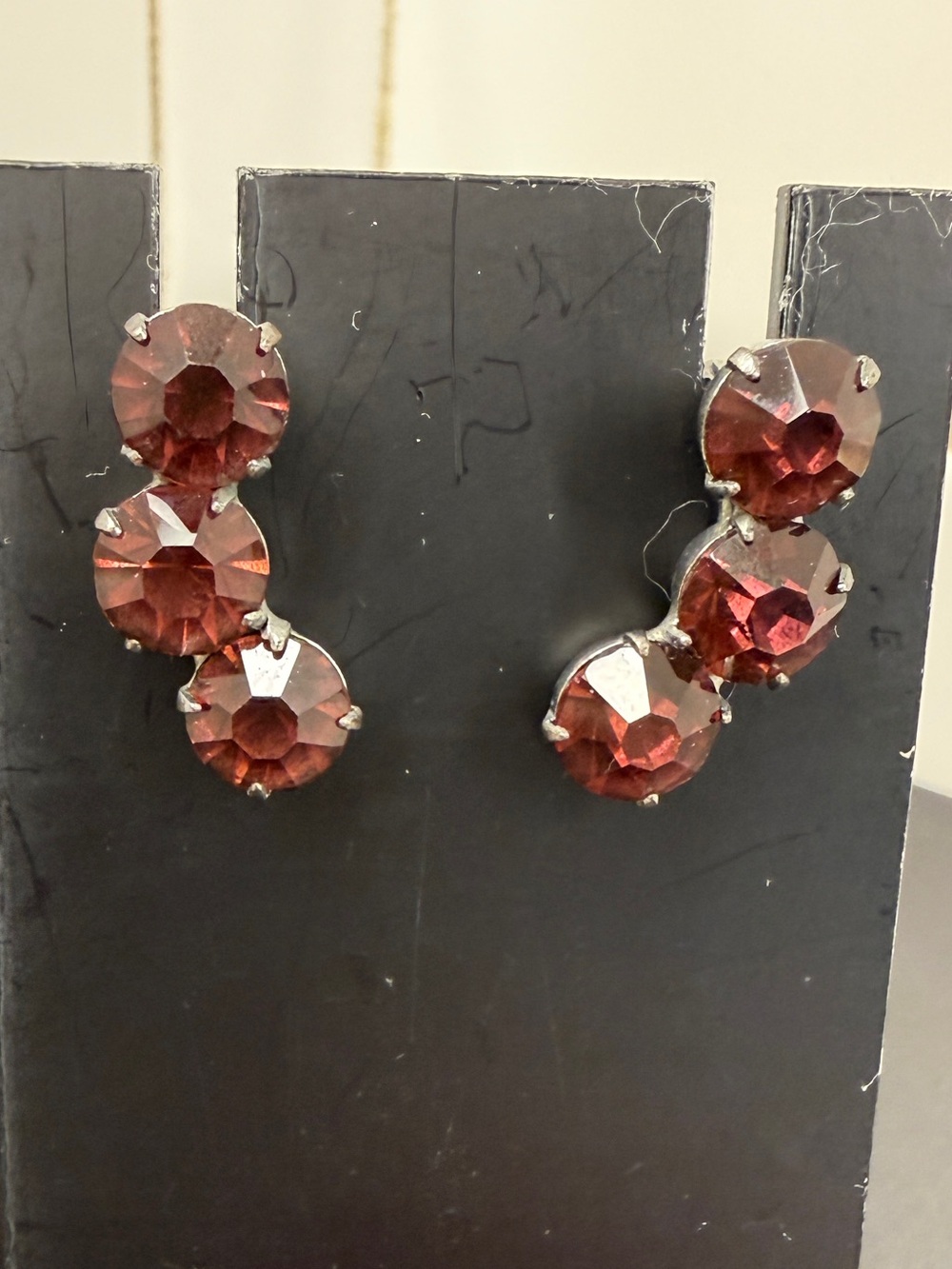 Sterling Silver and Garnet Red Three-Stone Screw Back Earrings